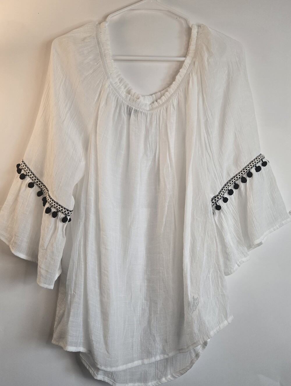 I.N. Studio White Peasant Top with Black Pom Trim